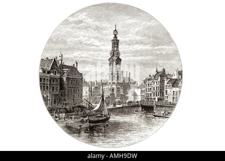 Mint Amsterdam Olanda Munttoren Munt Paesi Bassi Muntplein fiume Amstel canale Singel Regulierspoort cancello principale città medievale wa Foto Stock