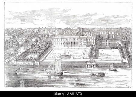 1722 Somerset House Royal Academy Strand edificio neoclassico Jan Kip spawling e complesso irregolare il parco giardino statua fashio Foto Stock