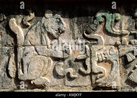 Mexiko, Yucatan, Chichen Itza, il Templo de Los Guerreros, Kriegertempel, Steinfries Jaguardarstellung Foto Stock