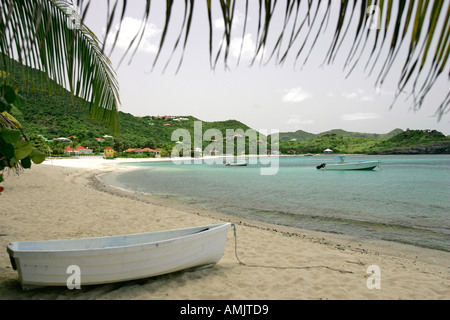 White dinghy sotto il palm tree Lorient Beach St Barts Foto Stock