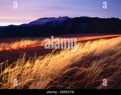 Luci di coda su strada al tramonto, Golden Gate Highlands Nat. Park, Sud Africa Foto Stock