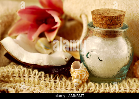 Sali da bagno tropicale con gusci di cocco e giglio colore rosa Foto Stock