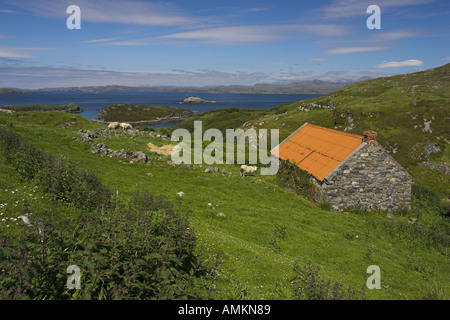 Scozzese tradizionale tetto di ruggine cottage vicino al villaggio crofting di Drumbeg nel nord-ovest Highlands UK. 2005 Foto Stock