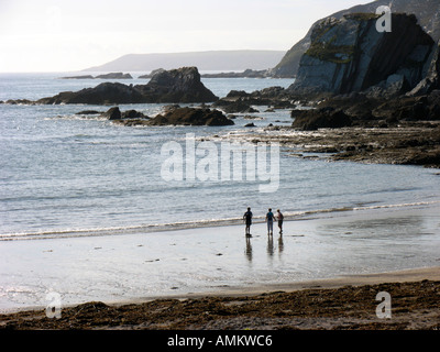 Tre figure stagliano su Ayrmer Cove Beach con scogliere e un mare scintillante in argenteo, tardo pomeriggio sun. South Devon, Regno Unito Foto Stock