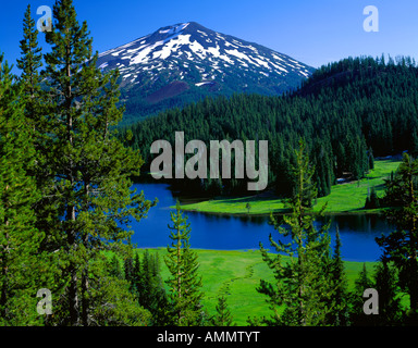 Deschutes National Forest o Todd lago incastonato in una valle boscosa sotto Mt Bachelor 9060 ft Foto Stock