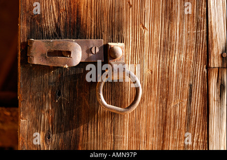 Dettaglio di una vecchia porta di legno e portalucchetto Foto Stock