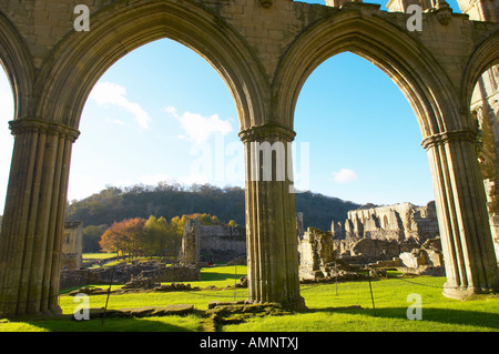 Fine del abbey con archi gotici. English Heritage site. Rievaulx Abbey, North Yorkshire National Park, Inghilterra Foto Stock