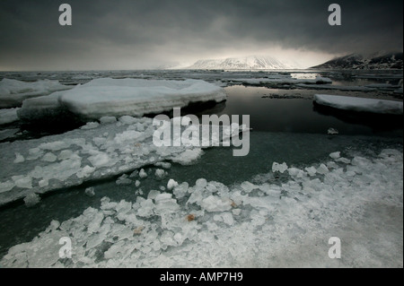 Drammatico paesaggio gelido da Billefjorden, Spitsbergen, regione di Svalbard, Norvegia. Foto Stock