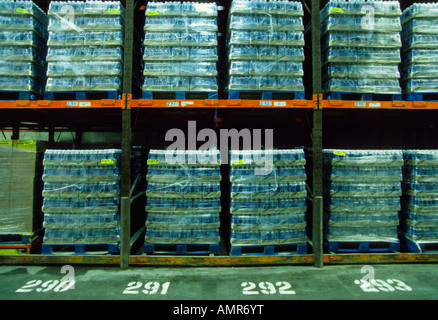 Scaffali di stoccaggio in magazzino con pile di articoli avvolti in plastica. Interno del centro di distribuzione di trasporto a New York, industria di commercio USA Foto Stock