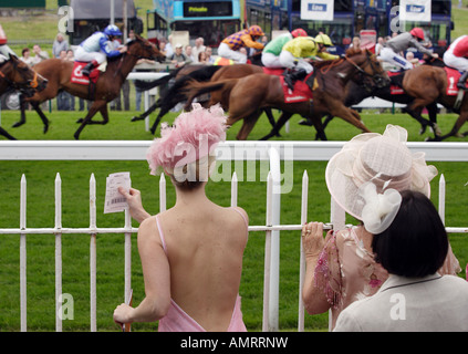 Le donne guardando un cavallo di razza, Epsom, Gran Bretagna Foto Stock