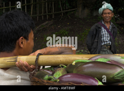 Myanmar Birmania dello Stato di Shan area Shabin uomo trasportare carichi pesanti di melanzane in bambù grande cesto Foto Stock