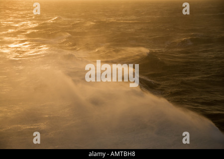 Mare mosso dalla luce del sole nascente allo spuntar del giorno con battenti spray dalla nave da crociera in oceano pesanti si gonfiano in Oceano Pacifico Foto Stock