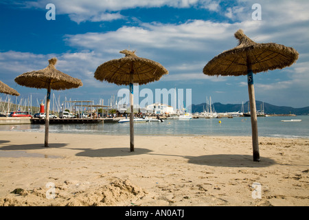 Ombrelloni sulla spiaggia a Port de Pollenca Maiorca Isole Baleari Spagna Foto Stock