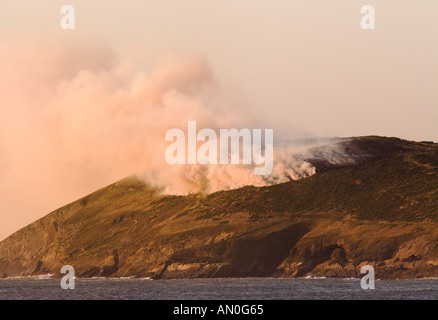 Vista su tutta la baia Croyde al punto larghi con grande gorse fuoco su una collina con le nuvole di fumo North Devon England Foto Stock