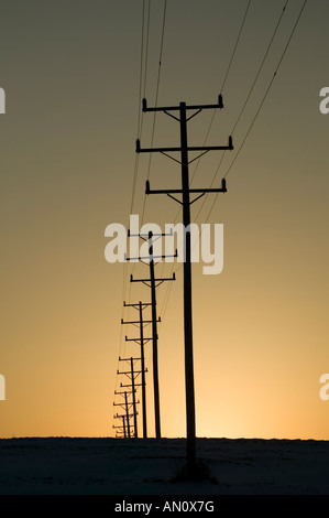 Le linee di alimentazione e i cavi attraversano il paesaggio rurale tramonto nello stato di New York Foto Stock
