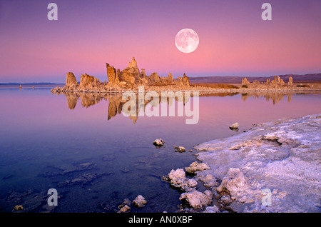 Luna piena su off shore formazioni di tufo al tramonto lungo la riva sud del Lago Mono Mono Basin National Scenic Area California Foto Stock