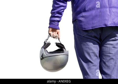 Biker tenendo un casco, percorso di clipping incluso Foto Stock