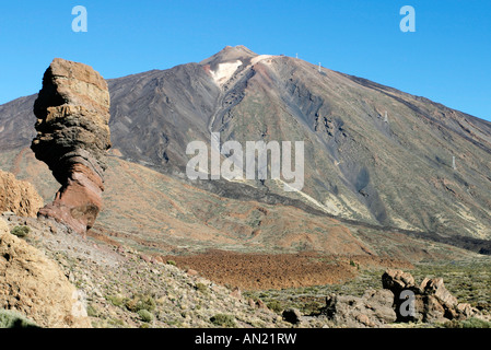 Kanaren Teneriffa Nationalpark de Las Canadas del Teide Blick auf den Pico del Teide Auf der linken Seite Los Roques de Gracia Foto Stock