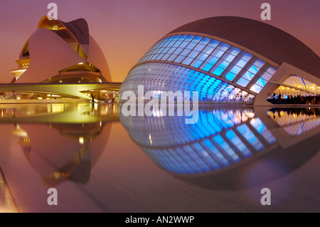 L'Hemisferic e Palau de les Arts Reina Sofia presso La Ciutat de les Arts i les Cienies complessa Foto Stock
