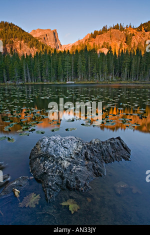 Sunrise scenic riflessione di picco Hallett dalla ninfa Lago Rocky Mtn Nat l parco CO Foto Stock