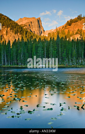 Sunrise scenic riflessione di picco Hallett dalla ninfa Lago Rocky Mtn Nat l parco CO Foto Stock