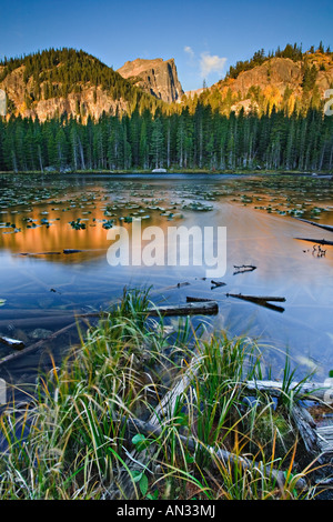 Sunrise scenic riflessione di picco Hallett dalla ninfa Lago Rocky Mtn Nat l parco CO Foto Stock