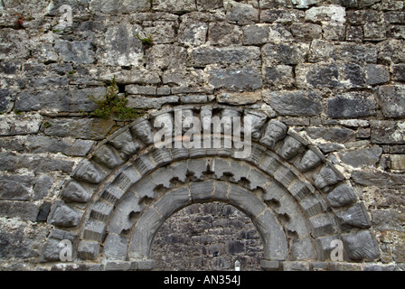 Scolpite le teste di pietra intorno al portale romanico in Dysert O dea Chiesa County Clare Irlanda Foto Stock