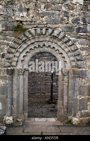 Scolpite le teste di pietra intorno al portale romanico in Dysert O dea Chiesa County Clare Irlanda Foto Stock
