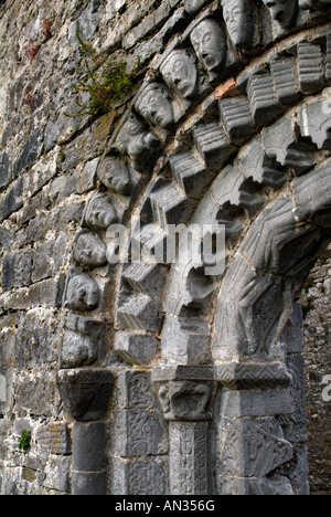 Scolpite le teste di pietra intorno al portale romanico in Dysert O dea Chiesa County Clare Irlanda Foto Stock