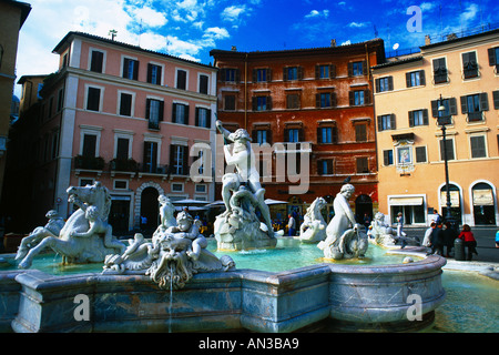 Piazza Navona Roma Fontana di Nettuno Foto Stock