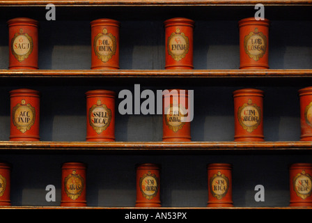 Contenitori in ceramica all'interno della vecchia farmacia dell'ospedale barocco e Chiesa della Santissima Trinità in Kuks, East Bohemia Repubblica Ceca Foto Stock