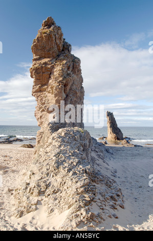 I tre Re Magi, rock pile su Cullen beach, murene. Regione Grampain. La Scozia. XPL 3262-324 Foto Stock