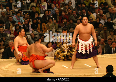Lottatori di Sumo e Yokazuna Grand champion condurre una lotta pre cerimonia di fine primavera torneo di Sumo Kansai di Osaka in Giappone Asia Foto Stock
