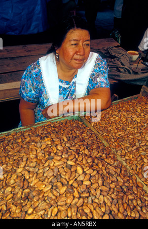 Mexican woman, food vendor, selling, cocoa, chocolate beans, Friday Market, village of Ocotlan de Morelos, Ocotlan de Morelos, Oaxaca State, Mexico Foto Stock