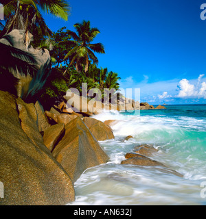 Isole Seicelle, spiaggia rocciosa Foto Stock