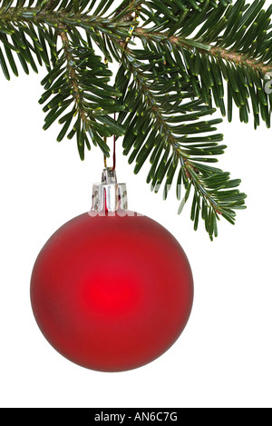Red ornamento di Natale pendente dal ramo di albero isolato su bianco Foto Stock