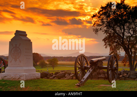 Tramonto, angolo area monumento, Gettysburg National Military Park, Gettysburg, Pennsylvania, STATI UNITI D'AMERICA Foto Stock