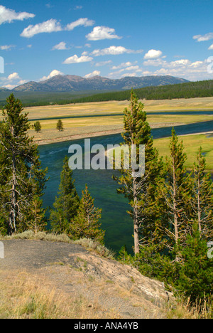 Yellowstone River si snoda attraverso la valle di Hayden nel Parco Nazionale di Yellowstone Wyoming USA Foto Stock