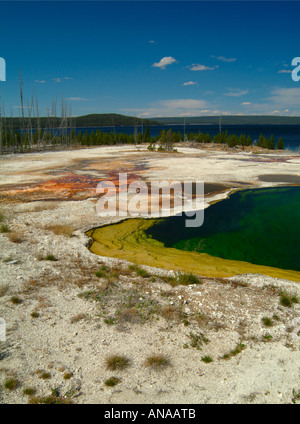 Abisso Piscina primavera calda con Lago Yellowstone in background a West Thumb Geyser Basin Parco Nazionale di Yellowstone Wyoming USA Foto Stock