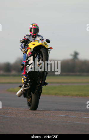 Motocicli fare acrobazie tra cui impennare e Gesù cristi e Burnout Foto Stock