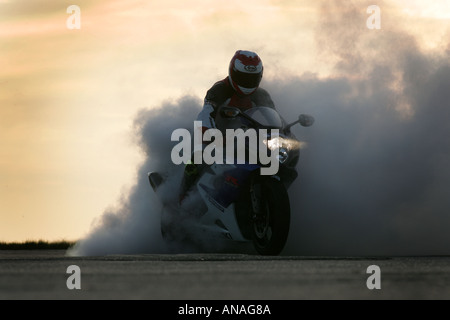 Motocicli fare acrobazie tra cui impennare e Gesù cristi e Burnout Foto Stock