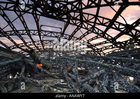 La più bassa marea in nove anni espone lo scheletro del rovinato Molo Ovest di Brighton Foto Stock