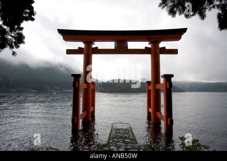 Red gate torri ai piedi del Monte Komagatake lago Ashi Prefettura di Kanagawa, Giappone Foto Stock