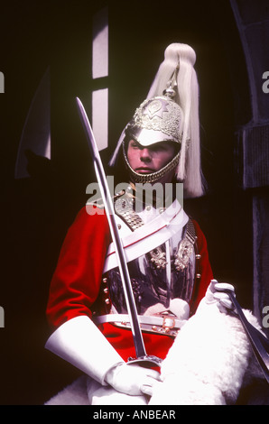 Un soldato del Queen's Life Guard su sentry a Hyde Park Barracks a Londra. Foto Stock