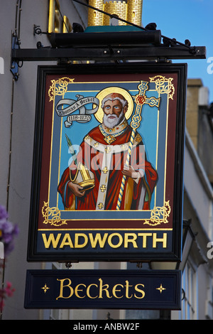 Pub segno "Beckets' in Glastonbury Somerset Inghilterra Foto Stock