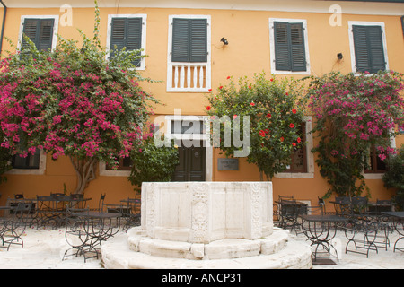 Il pozzo veneziano testa sul quadrato della Panaghia Kremasti. Corfu Old Town, Corfù, Grecia. Foto Stock