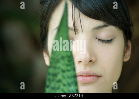 Impianto di serpente foglia nella parte anteriore del volto di donna a occhi chiusi, close-up Foto Stock