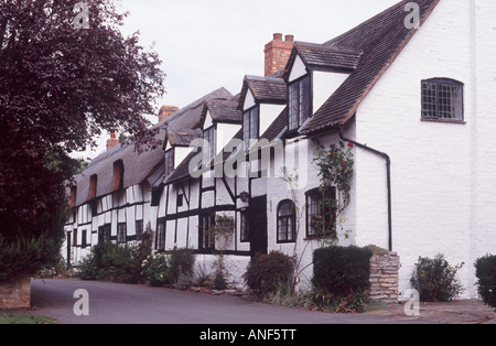 La linea di antica struttura di legno cottages, Taverna Lane, Shottery, Stratford Upon Avon, Warwickshire, Inghilterra Foto Stock