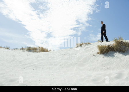 Imprenditore permanente sulla duna di sabbia, basso angolo di visione Foto Stock