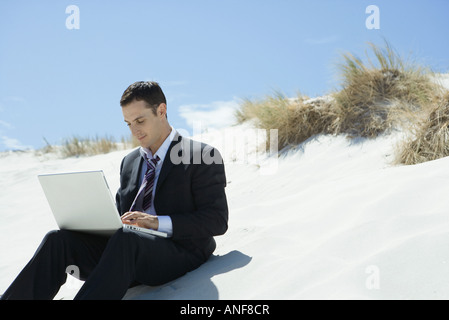 Imprenditore Seduti sulle dune di sabbia, utilizzando laptop Foto Stock